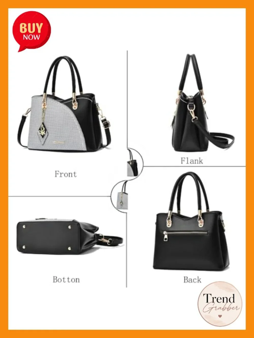 Faux Leather Tote Satchel Handbag Purse with Gold Hardware - Multi-Pocket